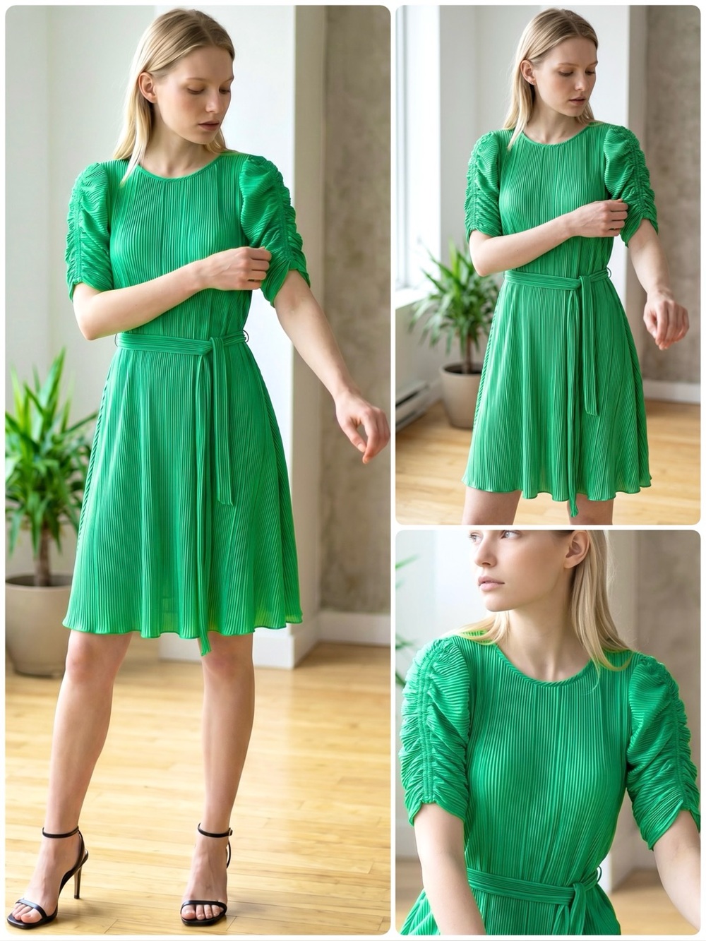 DKNY Satin Pleated Dress Ruched Sleeve Tie-Waist A-Line Crew Neck Pullover Style